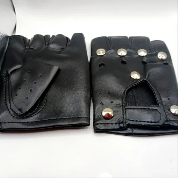 Lot Of 2 Fingerless Gloves Faux Leather Studded + Skelton Print-Black-Unisex - Picture 5 of 10